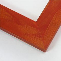 Simple 2-1/16 " molding. This frame has a scarlet red stain over a natural wood finish. The red is laid with a brush stoke effect, leaving the base color and grain visible. It has a smooth, laminate texture.