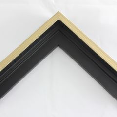 This stair step floating canvas frame in black with brushed gold face reveals an undercoat of black lines, features a shallow recessed stair below the outer face. The canvas will hover neatly, resting on the lowest, flat edge.