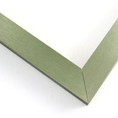 1-5/16 " wide traditional metal frame. The brushed metal texture gives this frame a wood-like grain. It is a forest green with cool undertones and has a metallic shine. The grain texture is highly visible in most light.