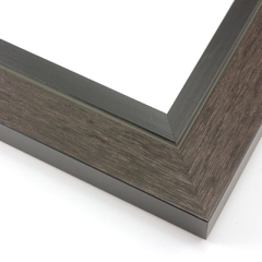 This unique frame with a raw wood face features long edge grain texture and a deep brown wash.  The frame forms a shallow V, with the matte black inner lip sloping out and then rising again (see illustration). The outer drop edge is also matte black.

2 " width: ideal for medium size artwork.  The modern style of this frame makes it a great match to more contemporary paintings and photography.
